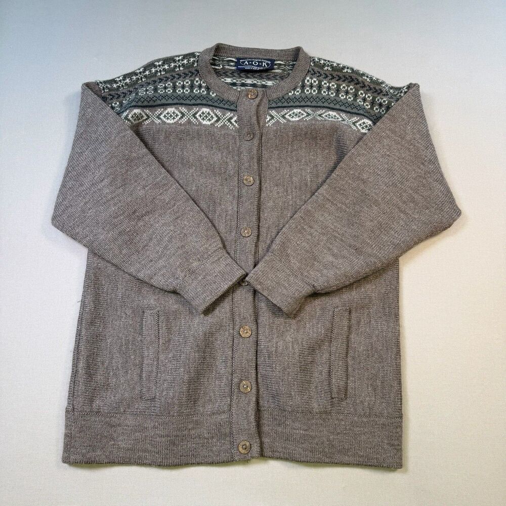 Vintage AOK New Zealand Wool Cardigan Mens XL Fair Isle Nordic Knit Sweater